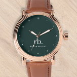 Monogram Dark Green Stilvoll Modernes Minimalistis Armbanduhr<br><div class="desc">Ein minimalistisches Monogramm-Design mit großen Typografie-Initialen in einem klassischen Schriftart mit Ihrem Namen unten auf einem dunkelgrünen Hintergrund. Das perfekt angepasste Geschenk oder Accessoire!</div>