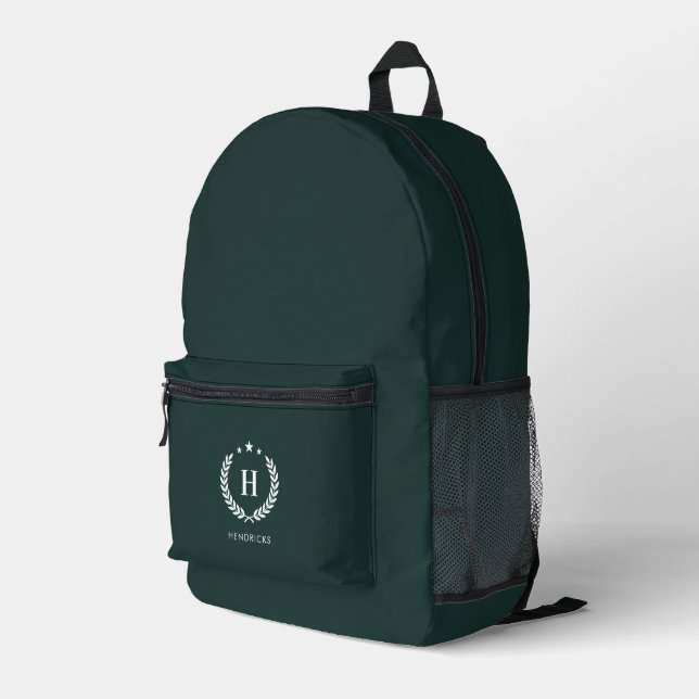  Monogram Dark Green Stylish Modern Minimalist Bedruckter Rucksack (Rückseitige Ecke Rechts)