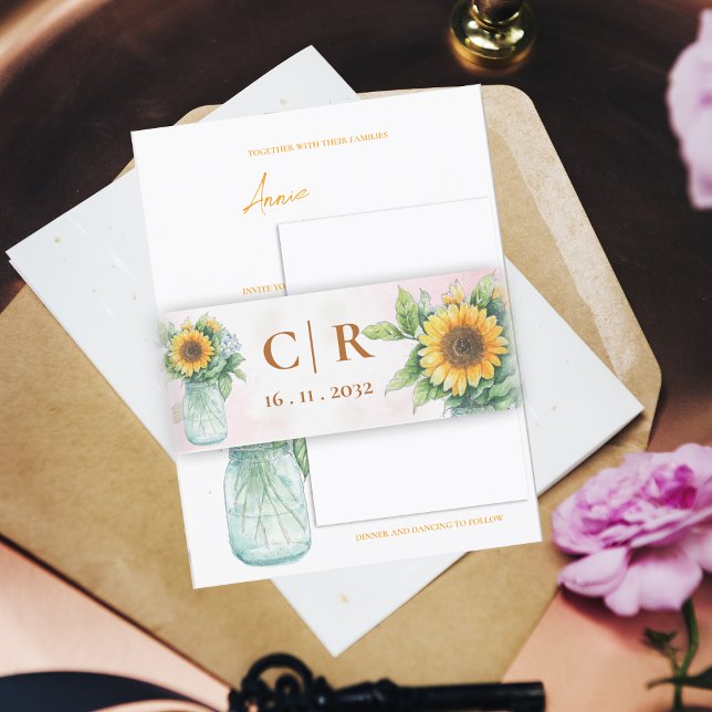 Monogram & Date  Sunflower Mason Jar Wedding    Einladungsbanderole (Monogram & Date Sunflower Mason Jar Wedding Invitation Belly Band)