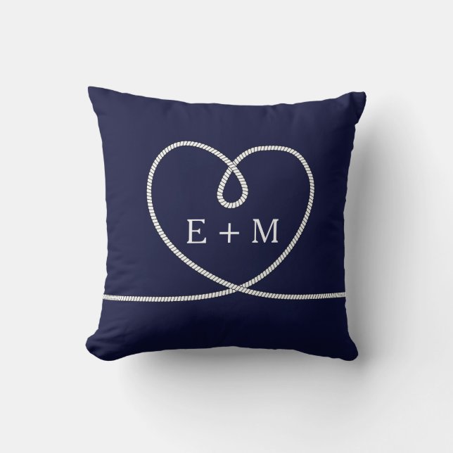 Monogram Decorativ für moderne Nautic Heart Rope Kissen (Vorderseite)