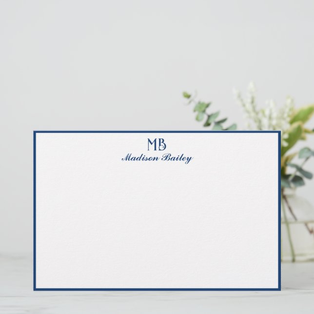 Monogram Decorative Typografie Navy Blue Border Briefpapier (Stehend Vorderseite)