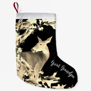 Monogram Deer Doe Gold Blätter Reben Braun Schwarz Kleiner Weihnachtsstrumpf