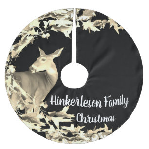 Monogram Deer Doe Gold Blätter Reben Braun Schwarz Polyester Weihnachtsbaumdecke