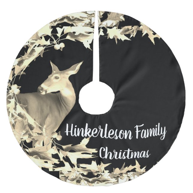Monogram Deer Doe Gold Blätter Reben Braun Schwarz Polyester Weihnachtsbaumdecke (Vorderseite)