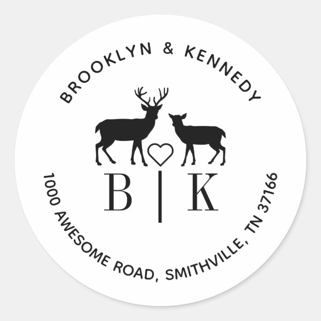 Monogram Deer Wedelname Rücksendeadresse Runder Aufkleber (Vorderseite)