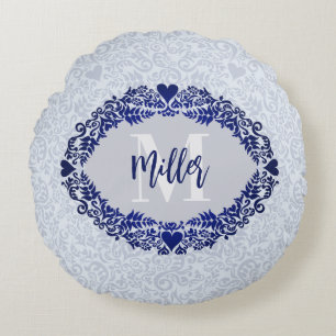 Monogram-Dekorationsname Grau und Blau Damask Rundes Kissen