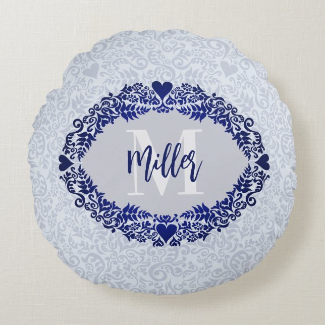 Monogram-Dekorationsname Grau und Blau Damask Rundes Kissen (Vorderseite)