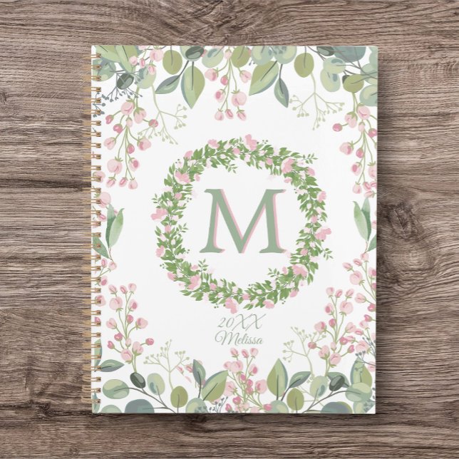 Monogram Delicate Sage Pink Floral Journal/Planner Planer (Monogrammed custom Journal/Planner. Pretty and Floral. So many uses for this product. A nice gift.)