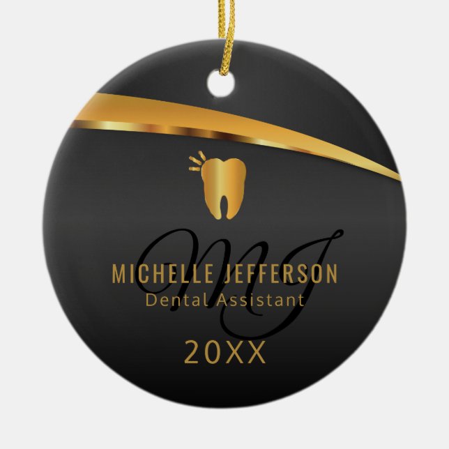 Monogram Dentist 🦷 Office - Black and Gold Keramik Ornament (Vorne)