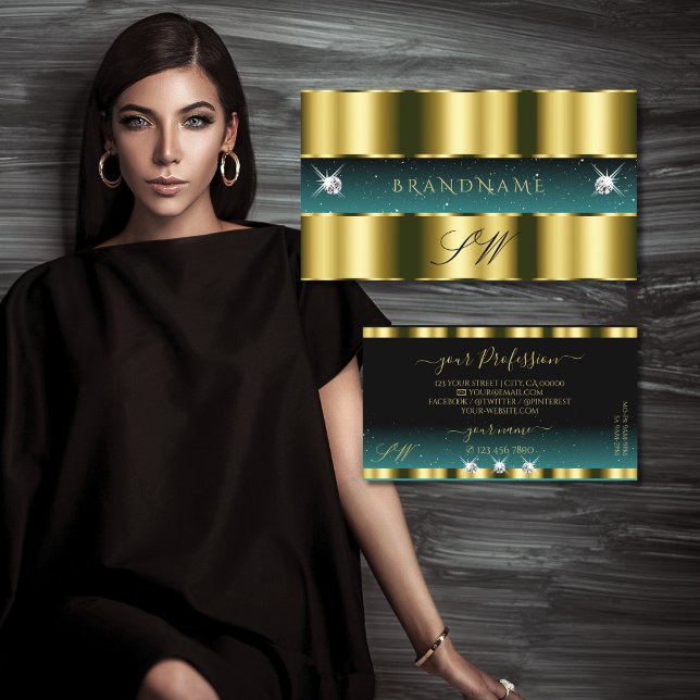 Monogram der Luxury Gold Aquamarin Black Sparkling Visitenkarte (Von Creator hochgeladen)