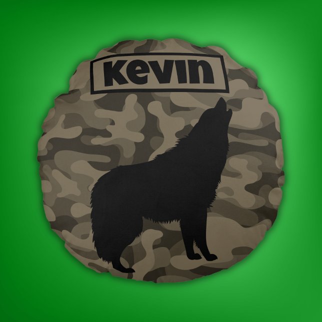 Monogram der modernen braunen Camouflage Black Wol Rundes Kissen (Von Creator hochgeladen)