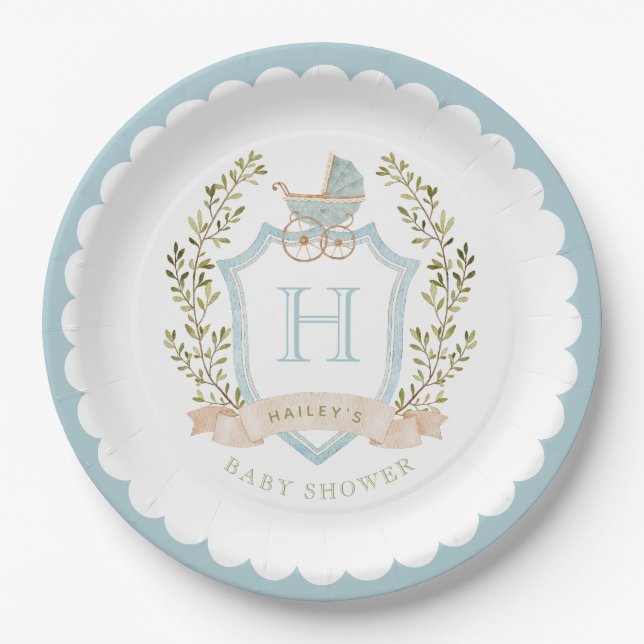 Monogram des Baby Carriage Wappen | Blue Baby Dusc Pappteller (Vorderseite)