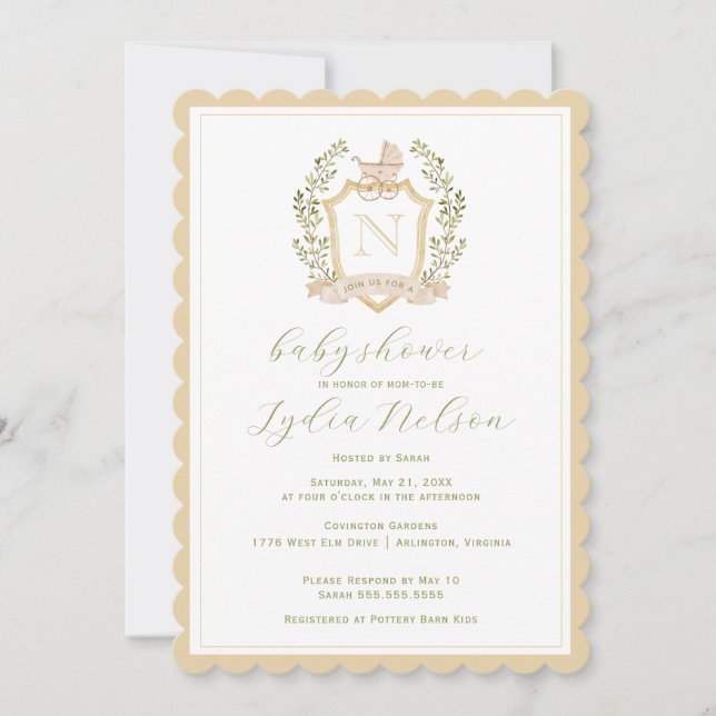 Monogram des Baby Carriage Wappen | Neutrale Babyd Einladung (Vorderseite)