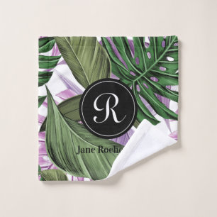 Monogram des tropischen Summer Green Lila Blätter Waschlappen