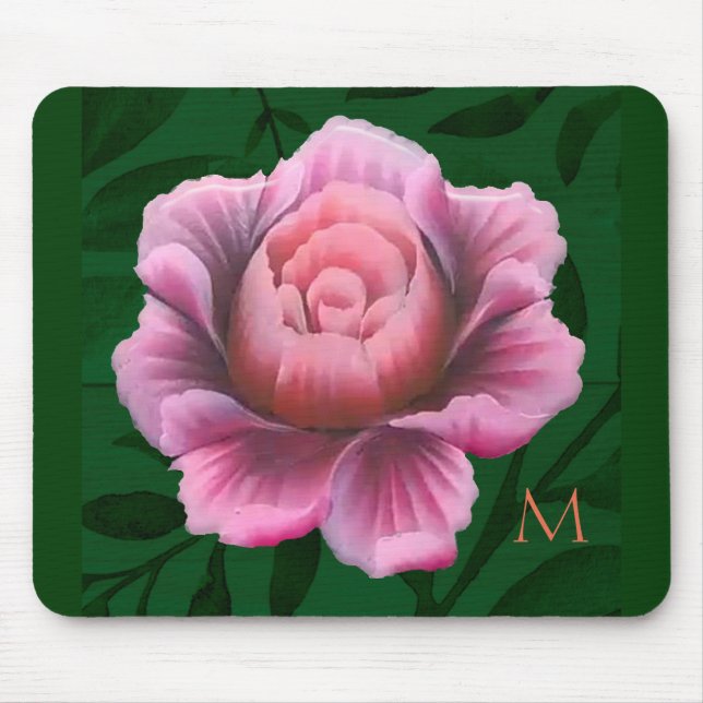 Monogram Dk Green Pink Blume Mousepad (Vorne)