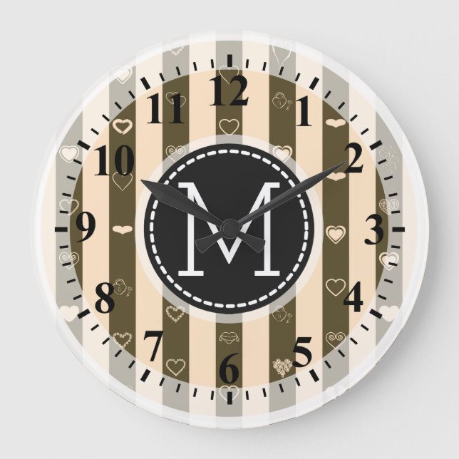 Monogram Donkey Beown Stripes Modern Heart Pattern Große Wanduhr (Vorderseite)