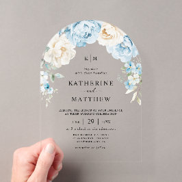 Monogram Dusty Blue Champagne ElfenbeinblumenWeddi Acryleinladungen