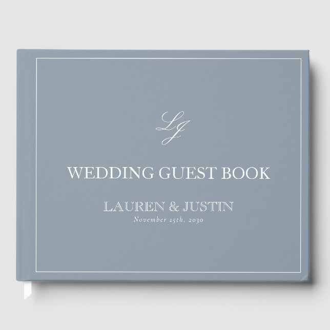 Monogram Dusty Blue Elegant Calligraphy Wedding Gästebuch (Vorderseite)