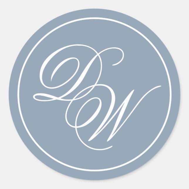 Monogram Dusty Blue Elegant White Script Initials Runder Aufkleber (Vorderseite)