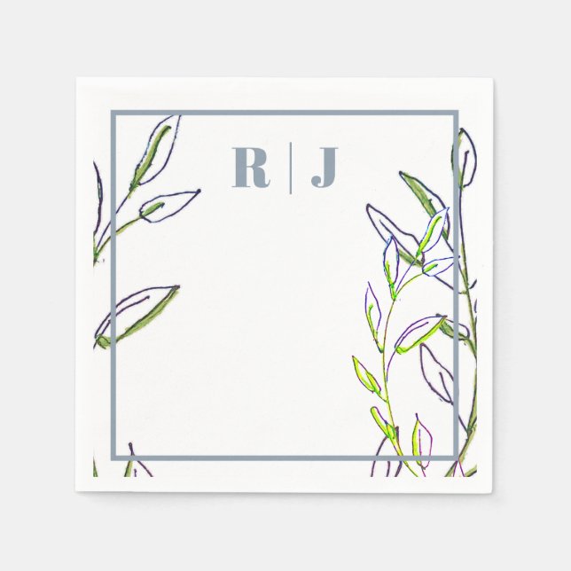 Monogram Dusty Blue Green Blätter Künstlerisch Wed Serviette (Vorderseite)