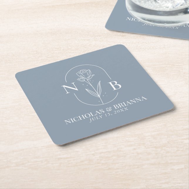 Monogram Dusty Blue Minimalistisch Elegant Wedding Rechteckiger Pappuntersetzer (angewinkelt)
