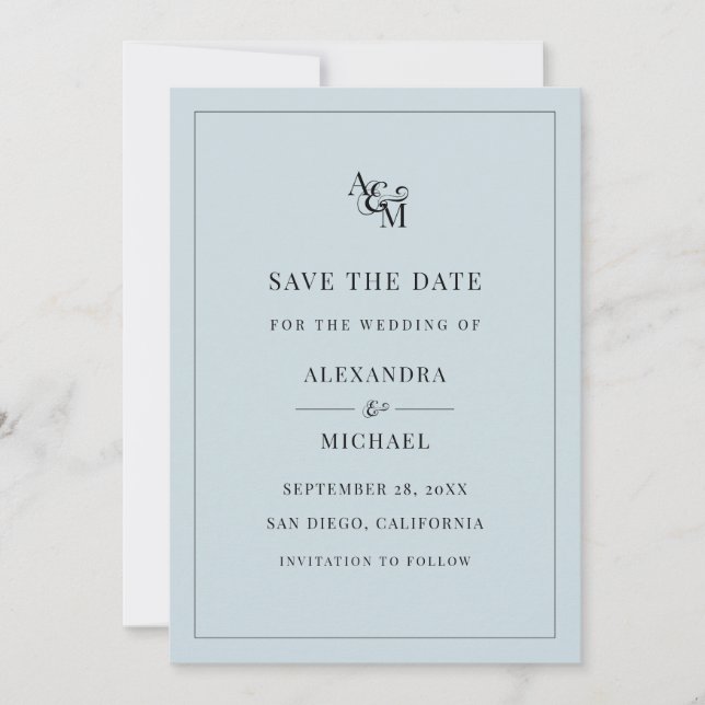 Monogram Dusty Blue Minimalistisch Modern Wedding Save The Date (Vorderseite)