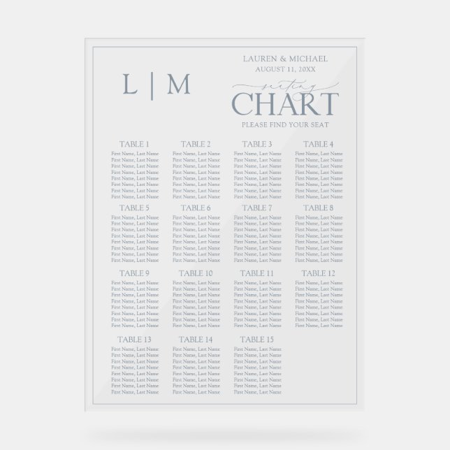 Monogram Dusty Blue Modern Wedding Seating Chart Acrylschild (Vorderseite)