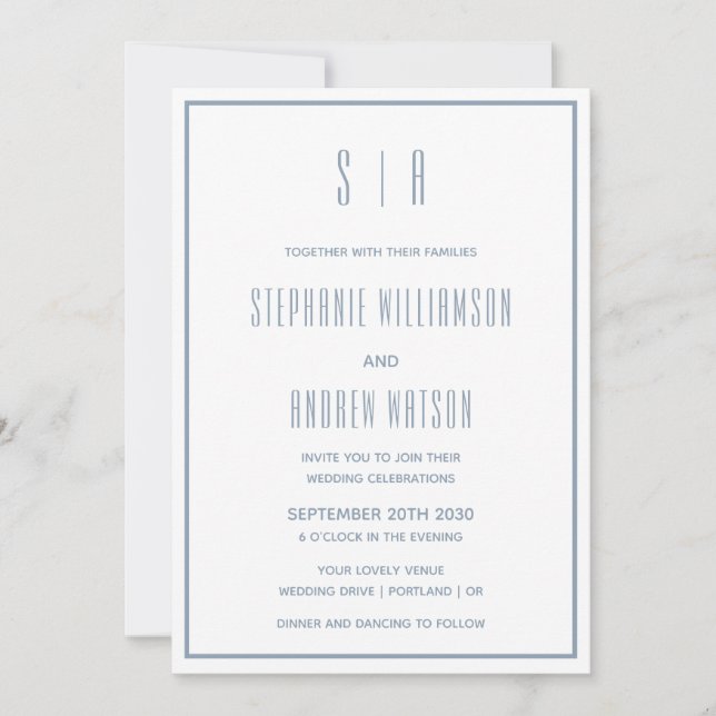 Monogram Dusty Blue & White Modern Simple Wedding (Vorderseite)