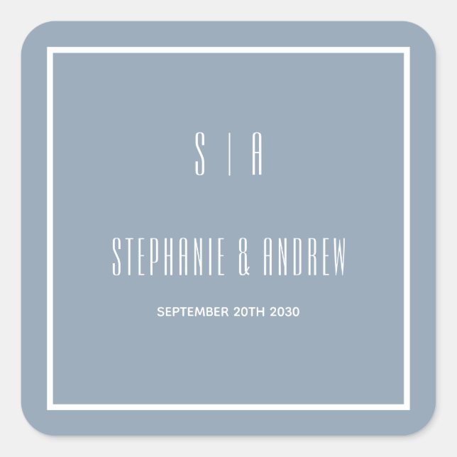 Monogram Dusty Blue & White Modern Simple Wedding Quadratischer Aufkleber (Vorderseite)