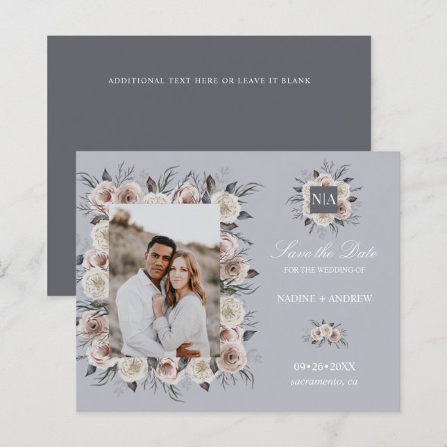 Monogram Dusty Rose Wedding Foto SAVE THE DATE (Vorne/Hinten)