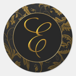 Monogram E Gold and Black Damask Wedding Siegel Runder Aufkleber