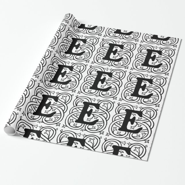 Monogram E Initial Black and White Scroll Pattern Geschenkpapier (Ungerollt)