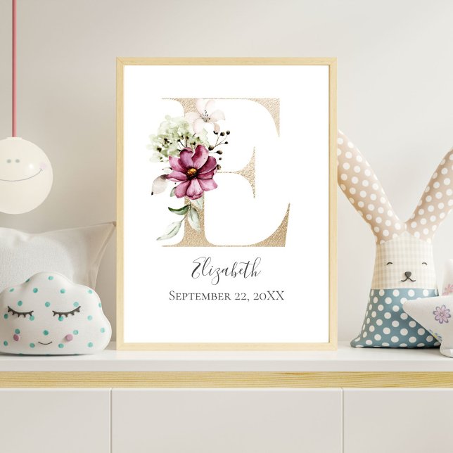 Monogram E Pink White Floral Gold Letter Kinderzim Poster (Monogram Letter E Gold Pink Floral Watercolor Nursery Wall Art)