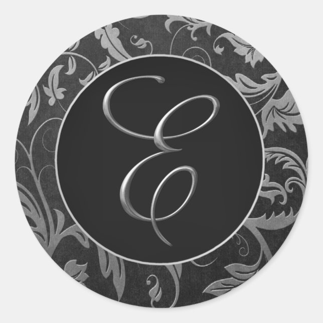Monogram E Silver and Black Damask Wedding Siegel Runder Aufkleber (Vorderseite)