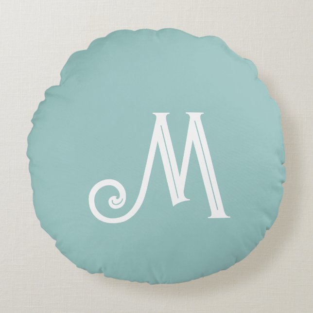 Monogram Eggshell Blue Rundes Kissen (Vorderseite)
