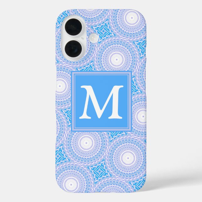 Monogram Electric Blue Circles pattern iPhone 16 Hülle (Rückseite)
