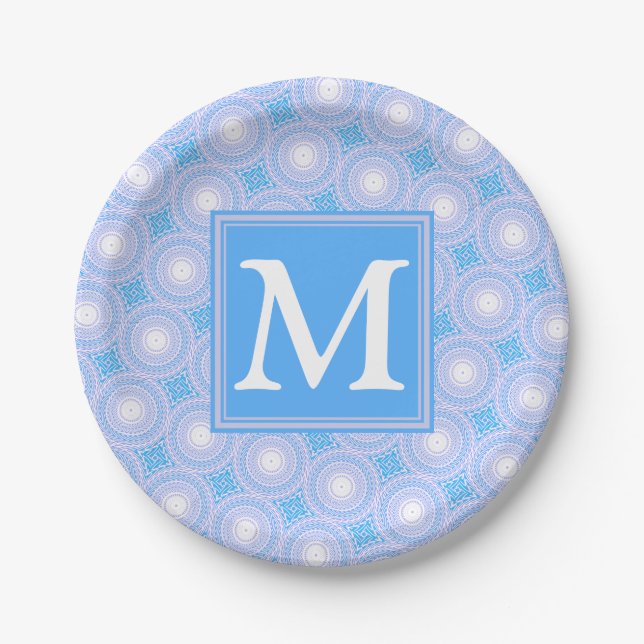 Monogram Electric Blue Circles pattern Pappteller (Vorderseite)