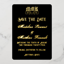 Monogram EleganBlack and Gold Save the Date Folieneinladung