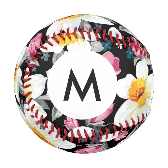 Monogram-Elegance-Muster mit NarzissenBlume Baseball (Vorderseite Links)