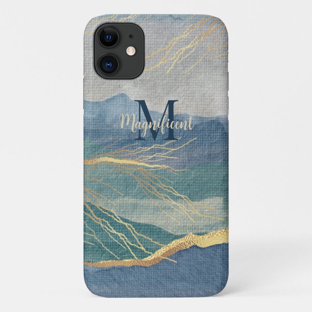 Monogram Elegane Gold Blue Landscape Case-Mate iPhone Hülle (Rückseite)