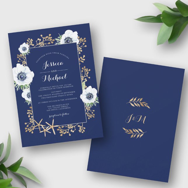 Monogram Elegant Anemone Blume Navy Blue Wedding Einladung (Von Creator hochgeladen)