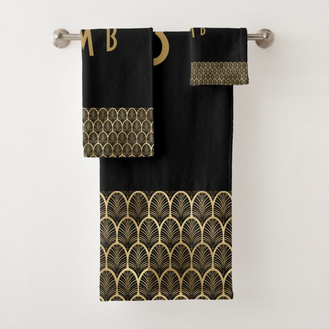 Monogram Elegant Black and Gold Art Deco Gatsby Badhandtuch Set (Insitu)