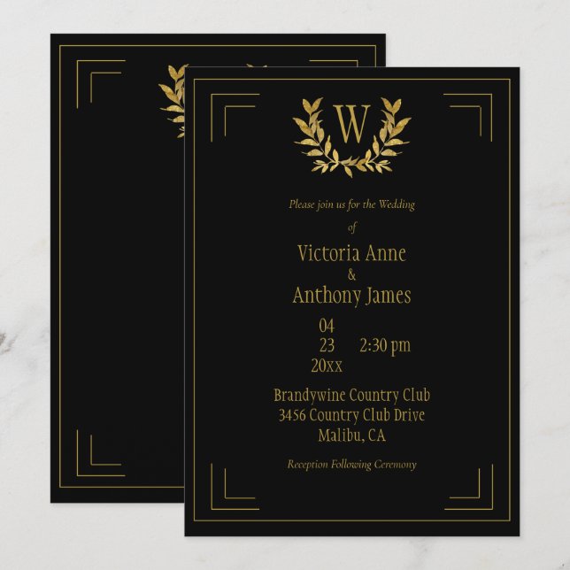 Monogram Elegant Black Gold Leaf Wedding Einladung (Vorne/Hinten)