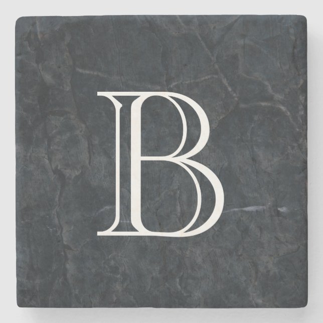 Monogram Elegant Black Stone Texture Steinuntersetzer (Vorderseite)