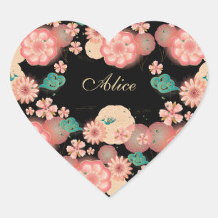 Monogram Elegant Bläserfeder Peach Garden Blume Herz-Aufkleber