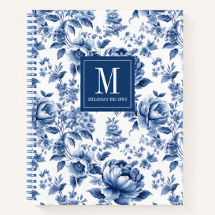 Monogram Elegant Blue Floral Cookbook Rezept Notizbuch