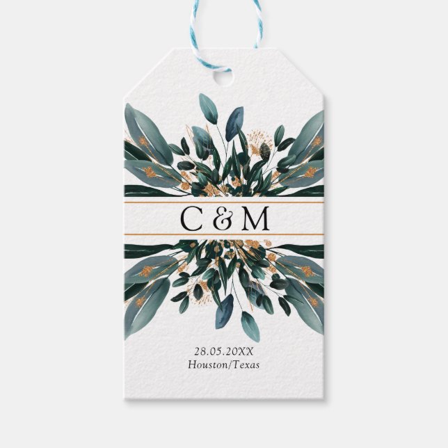 Monogram Elegant Blue Gold (Imitat) Botanical Geschenkanhänger (Vorderseite)