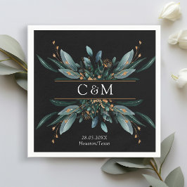 Monogram Elegant Blue Gold (Imitat) Botanischer Ne Serviette