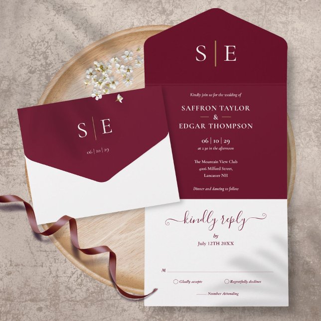 Monogram Elegant Burgundy and Gold Wedding All In One Einladung (Von Creator hochgeladen)