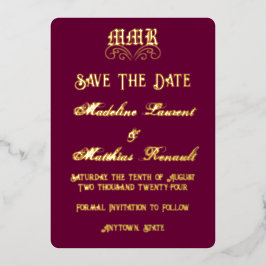 Monogram Elegant Burgundy & Gold Save the Date Folieneinladung